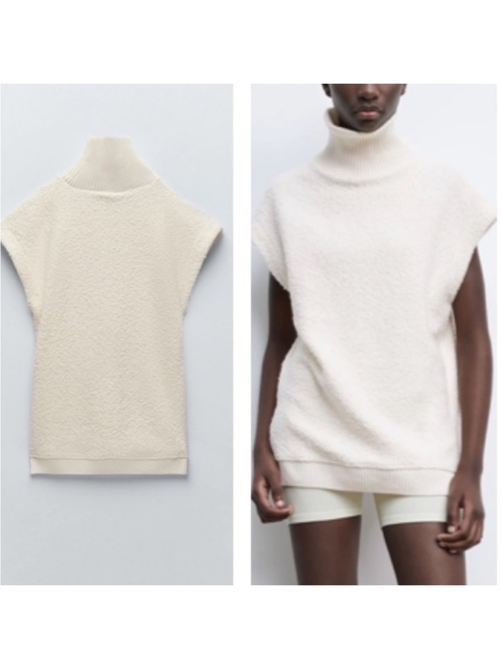 Zara Cream Textured Sleeveless Mock Neck Sweater
